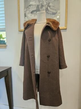Vintage Brown Ribbed Double Breasted Trench Coat Real Mink Fur Collar Silk L M
